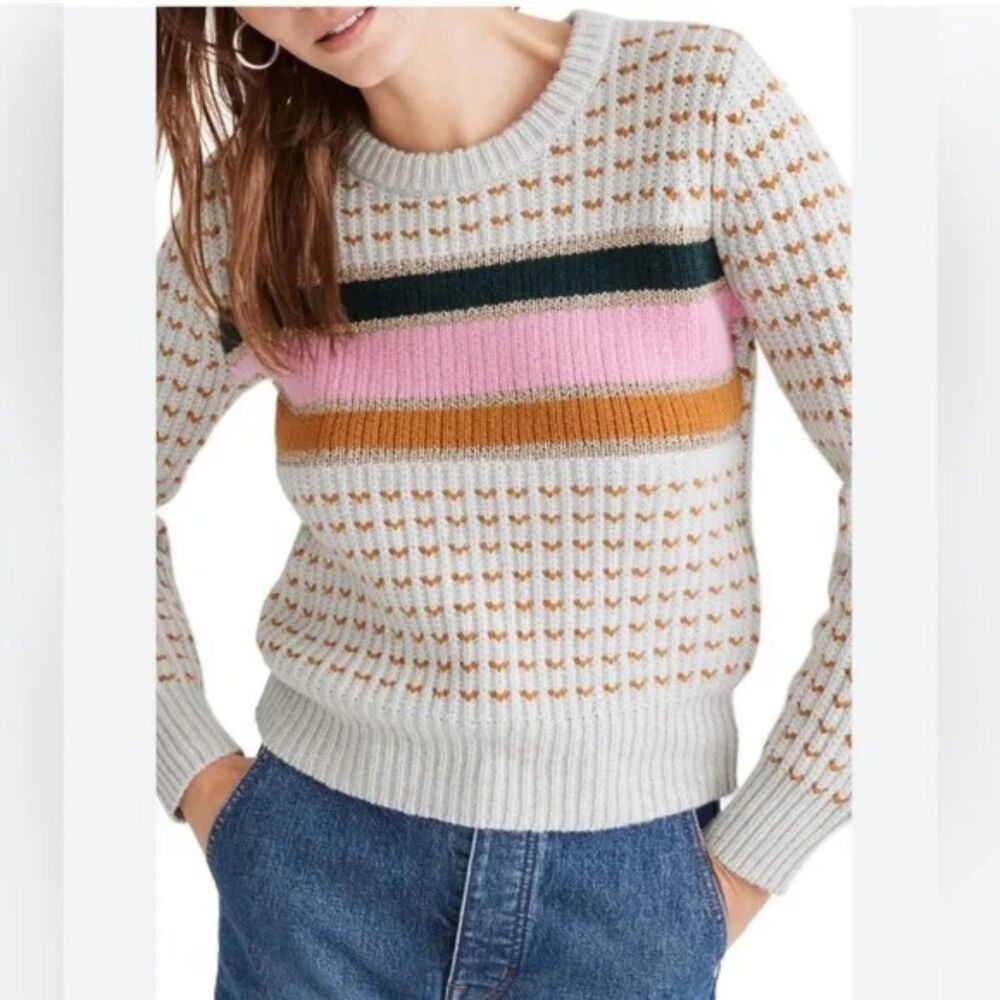 Madewell Striped Metallic Barfield Wool Blend Sweater Sz XS Heather Blizzard - Picture 1 of 6